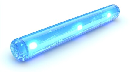 Blue LED light tube with three bright lights, isolated on white background.
