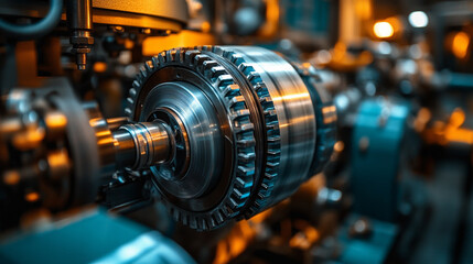 Obraz premium Close-up of a car engine in a workshop highlighting mechanical components and precision engineering minimalistic bright tone modern blurred empty blank caption space on the side