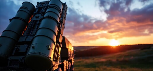 Fototapeta premium Missile launcher sunset field. Military defense system at dusk. Stock photo
