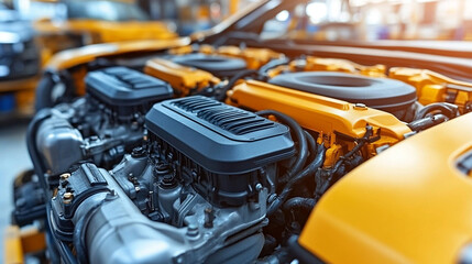 Fototapeta premium Close-up of a car engine in a workshop highlighting mechanical components and precision engineering minimalistic bright tone modern blurred empty blank caption space on the side