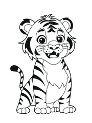 Illustration of a cute baby tiger cartoon character. Black and white Printable tiger coloring page for kids.

