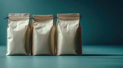 Three Kraft Paper Bags of Coffee Beans on Teal Background