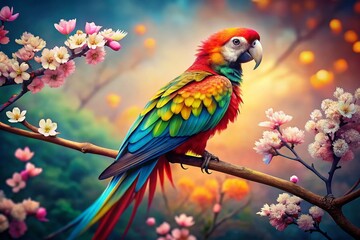 Obraz premium Surreal Parrot Paradise: Vibrant Feathers in a Dreamlike Landscape