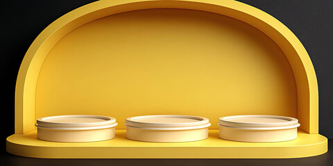Decorative shelf with a yellow-toned niche and three minimalist circular containers. Generated with AI.