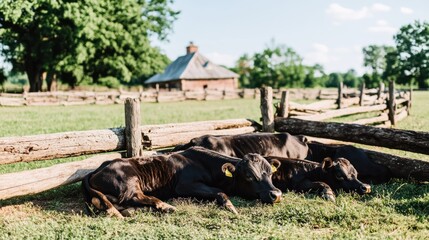 Three black calves resting in a grassy field behind a wooden fence, near a rustic building.