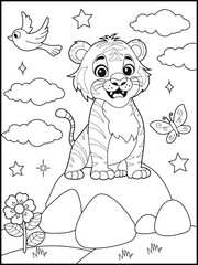 Illustration of a cute baby tiger cartoon character. Hand-drawn Black and white Printable animal coloring page for kids. Children's coloring books, fun and educational materials.
