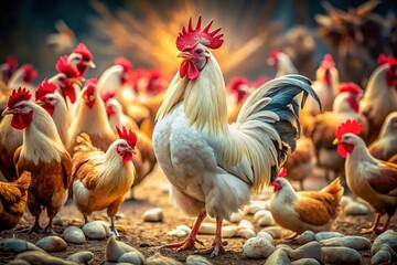 Surreal Porcelain Brahma Rooster with Feathered Legs & Meat Chickens - Fantasy Poultry Stock Photo