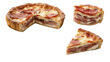 Traditional Italian Easter pie (Pizza Rustica) showing slice with layers of meats and cheeses