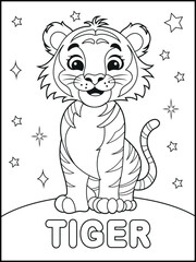 T is for tiger. Coloring pages for kids. Children's coloring books with cute tiger cartoon character, fun and educational materials for kindergarten. spelling activity sheet for early learners.