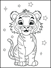 Illustration of a cute baby tiger cartoon character. Hand-drawn Black and white Printable animal coloring page for kids. Children's coloring books, fun and educational materials.
