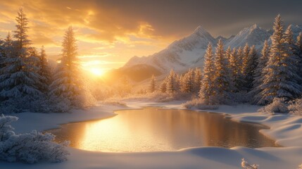 Beautiful majestic landscape with snow covered forest and lake