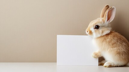 Cute baby bunny next to blank white card