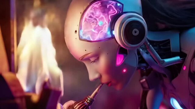 Droid robot attempts self-repair. She finds the torch fire quite an exciting sensation.
