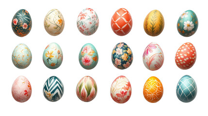 Easter eggs with intricate floral and geometric designs, metallic and pastel finishes