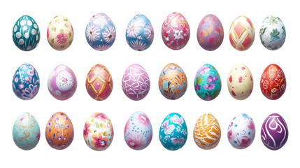 Easter eggs with floral and geometric designs, metallic and pastel finishes