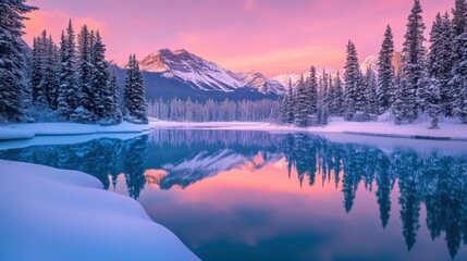 Obraz premium Beautiful majestic landscape with snow covered forest and lake