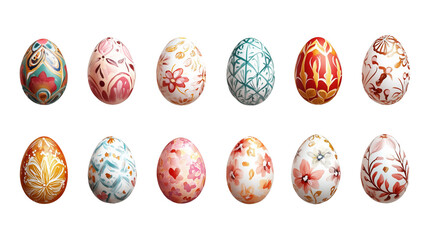 Easter eggs with floral and geometric designs, metallic and pastel finishes
