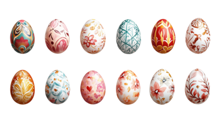 Easter eggs with floral and geometric designs, metallic and pastel finishes