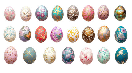 Easter eggs with floral and geometric designs, metallic and pastel finishes
