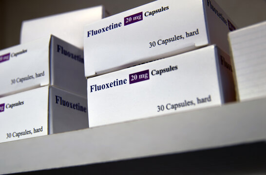 Packets of fluoxetine on shelf