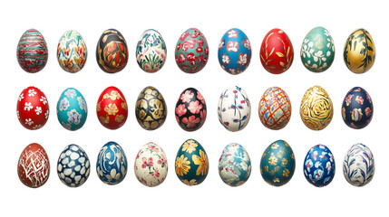Easter eggs with floral and geometric designs, metallic and pastel finishes