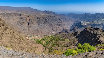 Obraz premium Panoramic view of a deep canyon with vegetation and distant ocean under a clear blue sky.