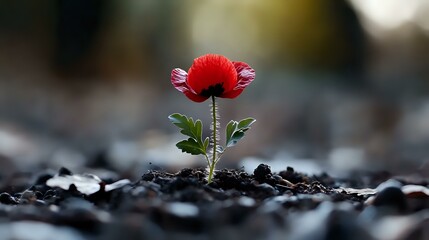 Single red poppy flower growing from dark soil against blurred background, dramatic low angle view highlighting strength and resilience in nature.
