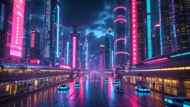 Futuristic City, building colorful lights