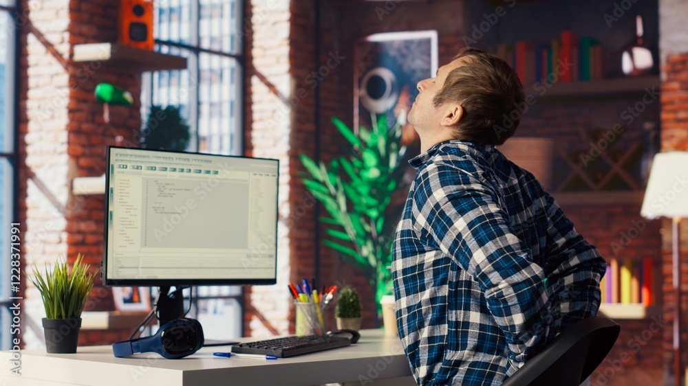 Poster software developer at computer coding, stretching joints after sitting at desk too long. it expert i