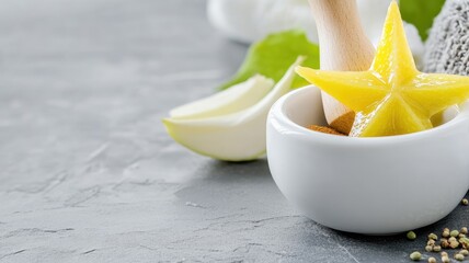Starfruit in mortar with pestle, ingredients on gray background