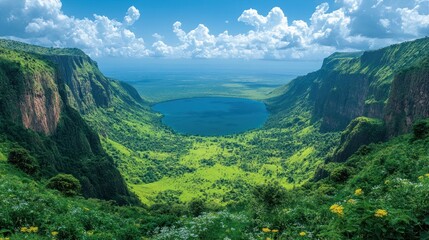 Naklejka premium Breathtaking aerial view of a crater lake surrounded by lush green mountains under a bright blue sky