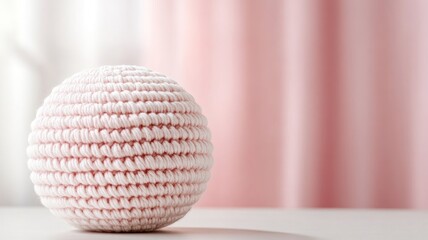Pink and white crocheted ball with blurred background