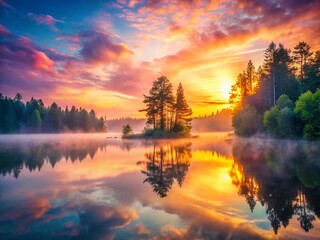 Surreal Sunrise: Misty Forest Reflecting in Tranquil Lake