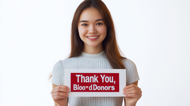 Young woman holding thank you blood donors sign promoting donation awareness