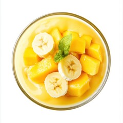 A vibrant tropical fruit smoothie with mango and banana, isolated white background, minimalist art style