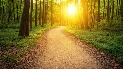 Obraz premium Serene forest path winding through lush greenery under warm golden sunlight at dawn