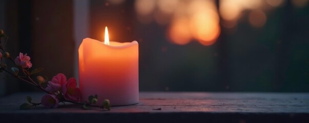 Solo pillar candle shines softly in the evening, serenity,