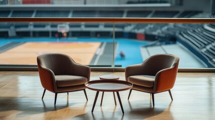 Relaxing Lounge Overlooking a Basketball Court