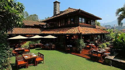 Obraz premium Outdoor Restaurant Patio with Lush Greenery and Stone Chimney