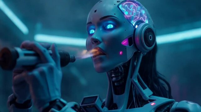 Droid robot attempts self-repair. She finds the torch fire quite an exciting sensation.
