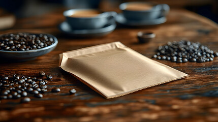 Brown Coffee Beans and Kraft Paper Coffee Package on Wooden Table
