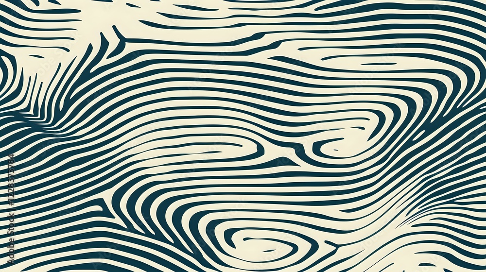 Poster abstract wavy lines creating optical illusion pattern in dark teal and cream colors. seamless repeat