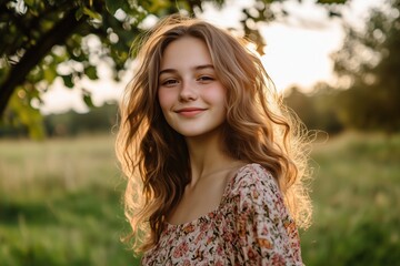 Beautiful teenager girl smiling in nature during golden hour