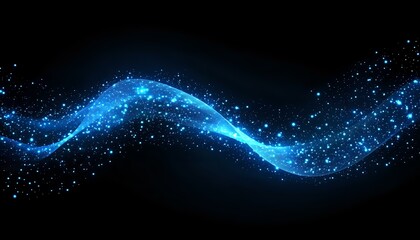 Glowing blue wave of particles and light effects on black background creates magical flowing energy stream for technology and science designs.