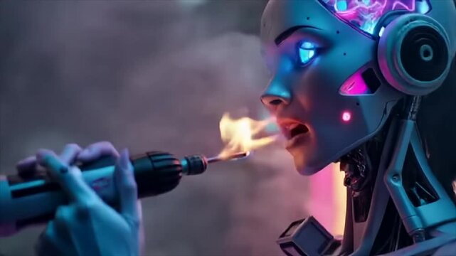 Droid robot attempts self-repair. She finds the torch fire quite an exciting sensation.
