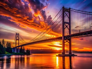 Fototapeta premium Tacoma Narrows Bridge Sunset Silhouette - Dramatic Washington State Landscape Photography