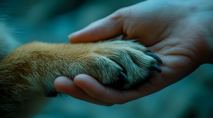 Fototapeta premium Dog paw in human hand close up against blurred teal background, representing friendship, trust and bond between pet and owner, animal care concept.