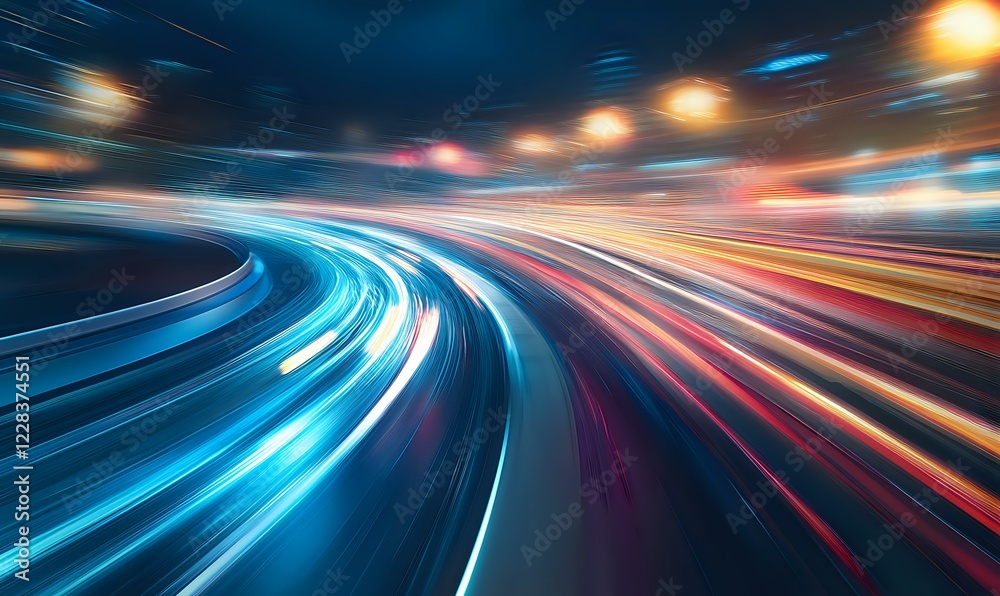 Poster abstract motion blur of curved light trails on dark background with glowing blue and orange streaks 