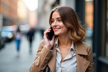 A Young Woman Walking Through a City Street While Speaking on a Smartphone, Enjoying Her Day in the Urban Environment and Engaging in Conversation