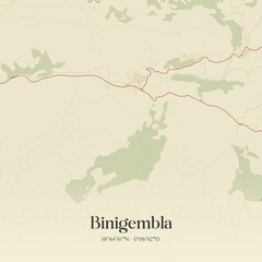 Retro Spanish map of Binigembla, Comunidad Valenciana. Vintage street map.